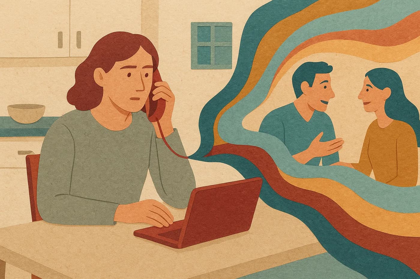 A storyteller at a kitchen table with the phone to their ear, a laptop closed beside them, the actual conversation — not an invented one — unfolding as a wave of layered paper