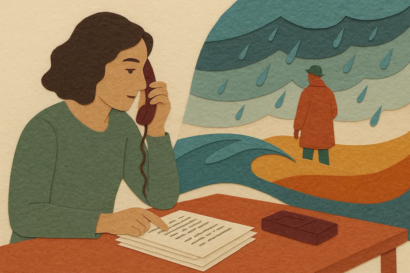 A storyteller on the phone beside a stack of typed pages and a closed recorder, checking one paragraph against a rainstorm still unfolding in layered paper behind them