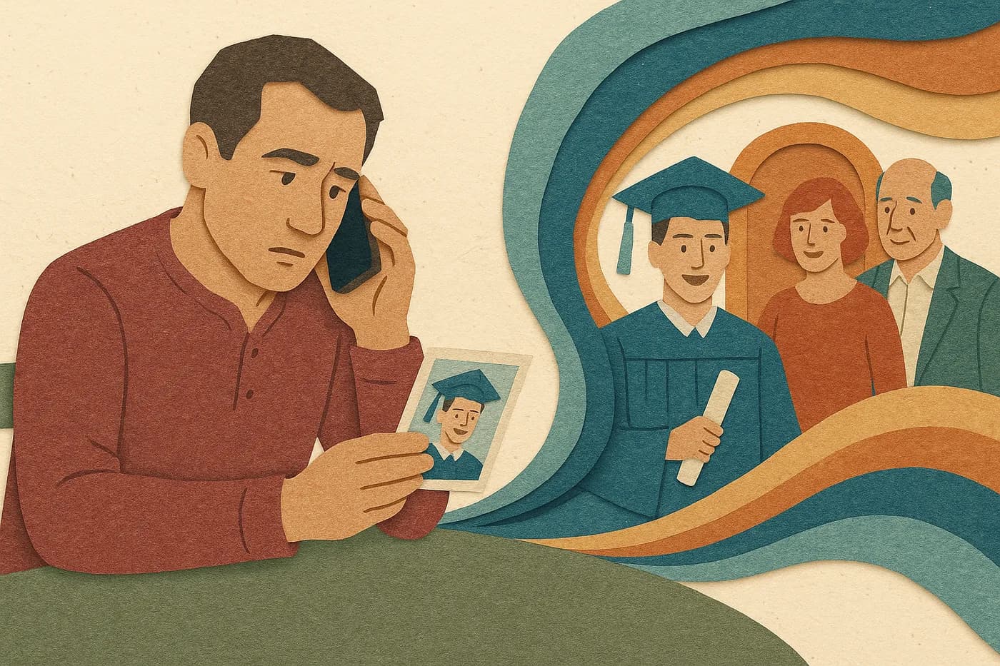 A man at his kitchen table, one hand on the phone and the other holding an old photograph, his own high school graduation unfolding in layered paper beside him