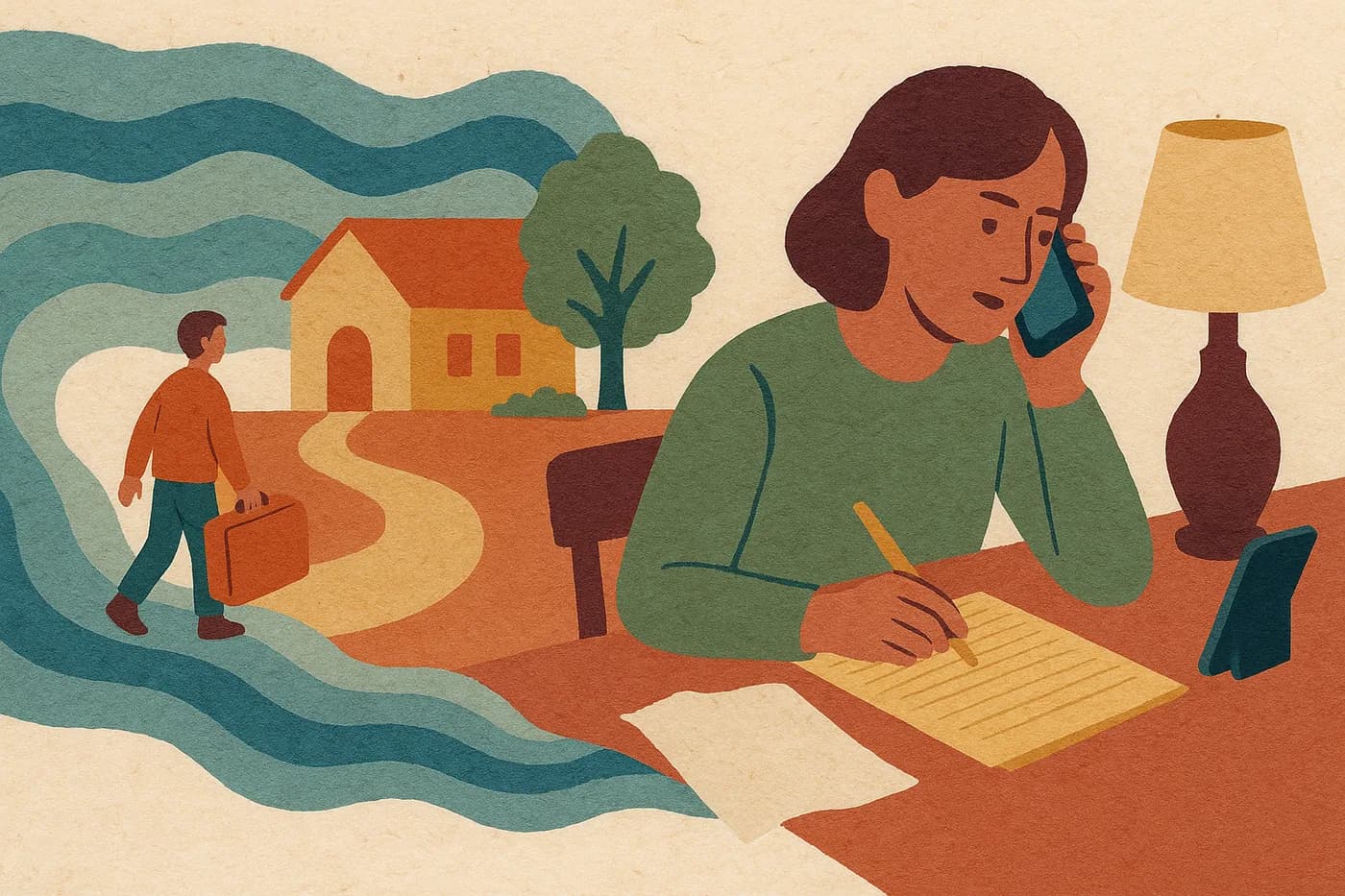 A person at a kitchen table with a legal pad and a phone propped against a lamp, an unfinished page pushed aside, the memory of leaving home for the first time unfolding in layered paper beside them