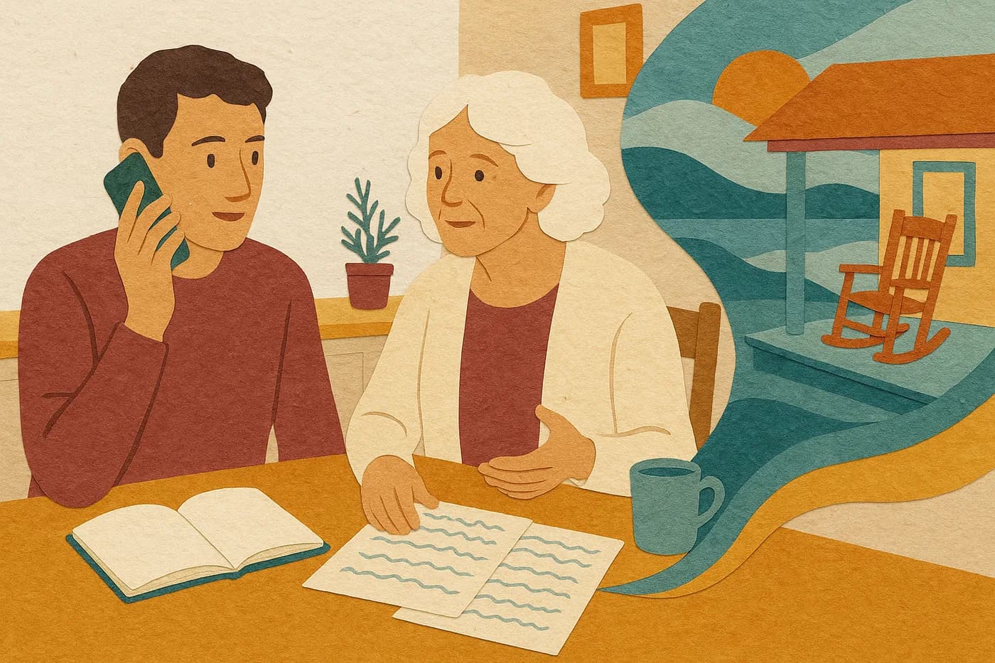 A son at his mother's kitchen table, notebook open beside her handwritten pages, the porch she is describing unfolding in layered paper between them