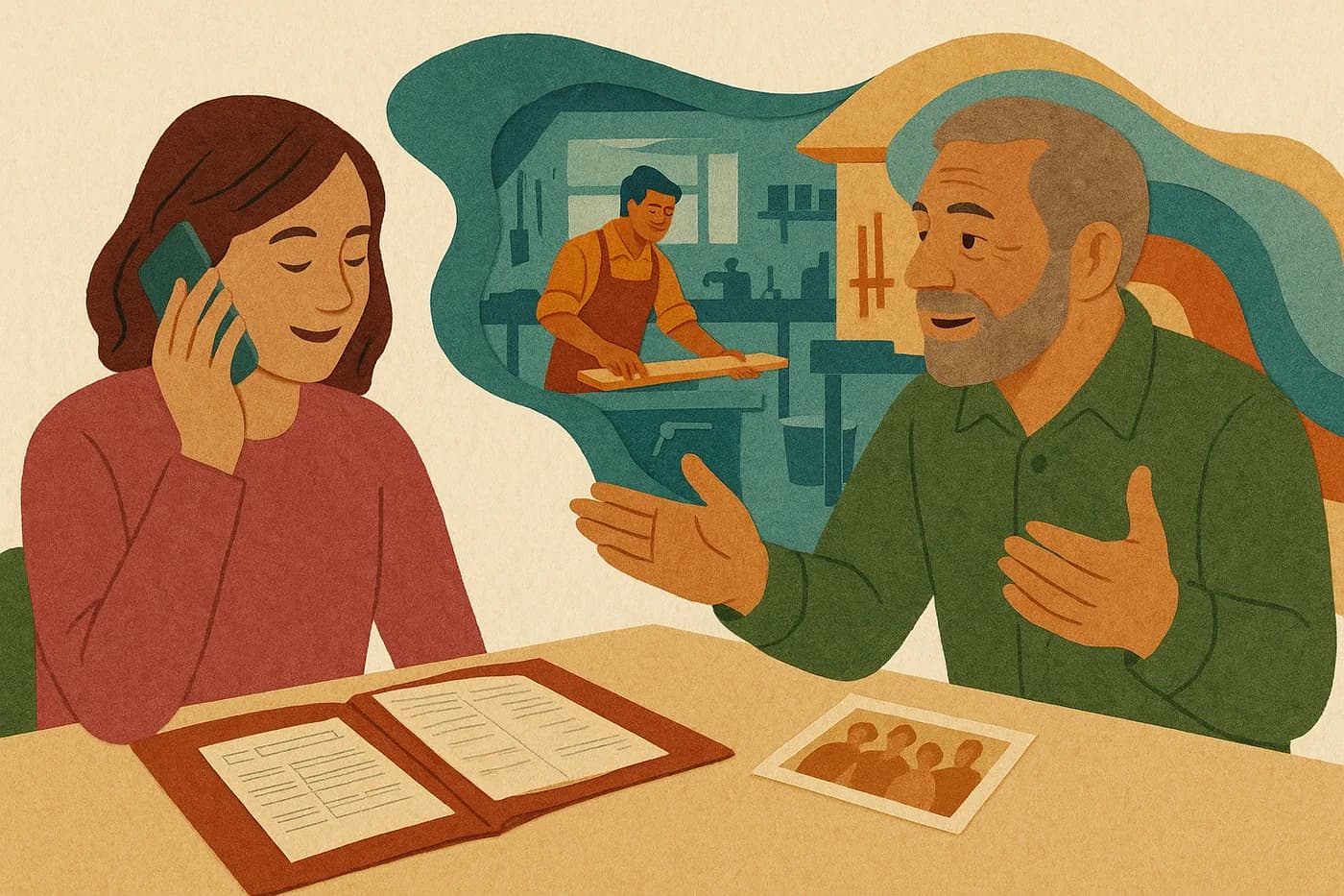 A daughter listening on the phone while her father describes his first job, a folder of pay stubs and an old photograph open on the table between them, the workshop morning unfolding in layered paper beside him
