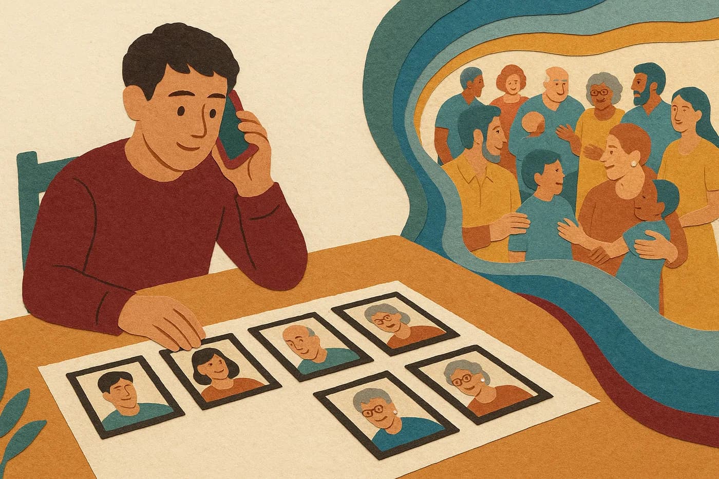 A grandson at his dining table sorting six piles of photographs by different relatives, a memory of a crowded family reunion unfolding in layered paper beside him