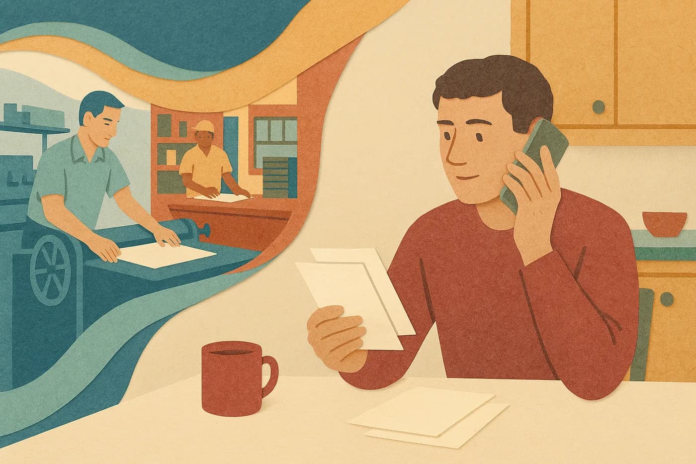 A son at his kitchen table comparing paper samples for his father's family history book, the print shop where his father once worked unfolding in layered paper beside him