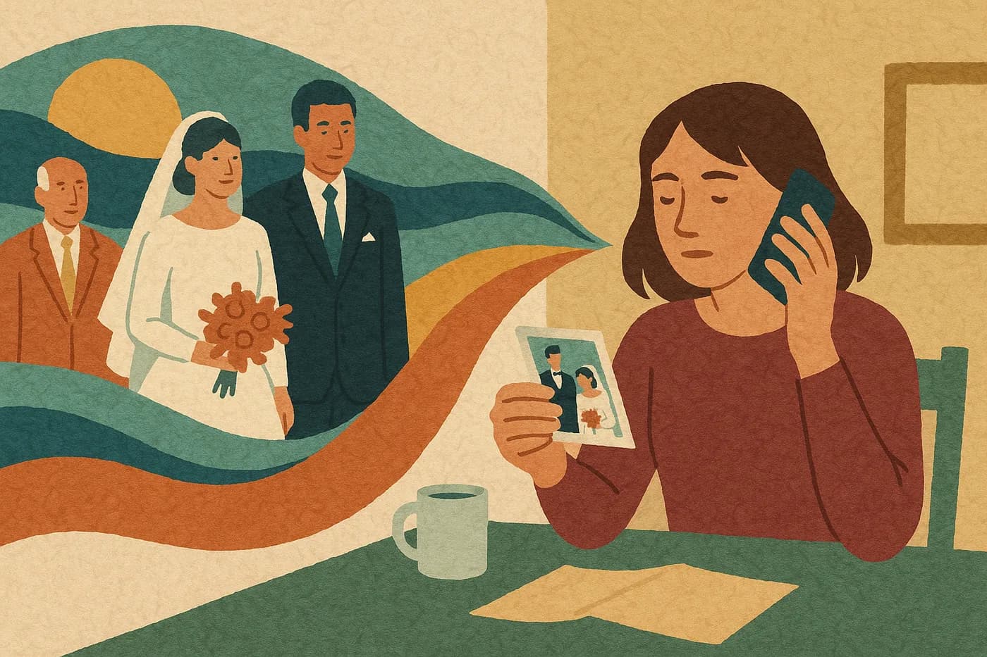 A daughter at her father's kitchen table, phone in one hand and an old photograph in the other, a wedding day from decades earlier unfolding in layered paper beside her