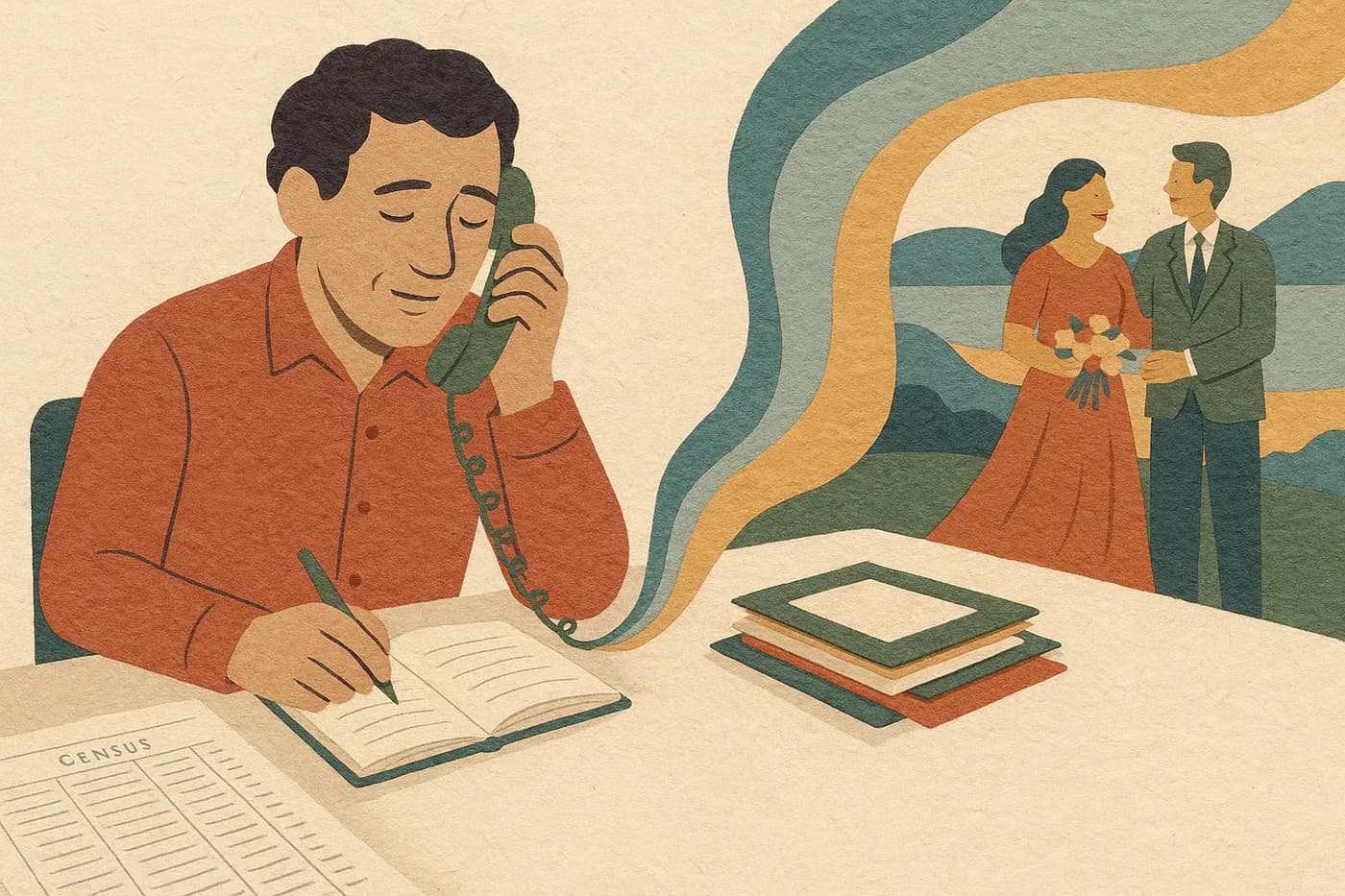 A man at a cluttered desk with a census printout and an open notebook, on the phone with an aunt, a wedding she's describing rising in layered paper beside a stack of certificates