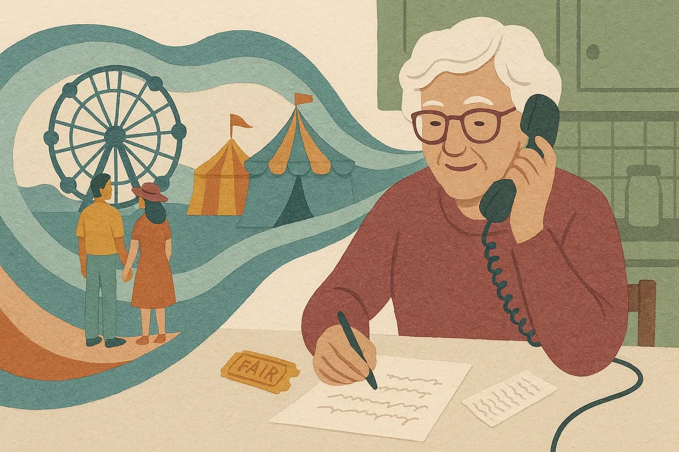 A grandmother at her kitchen table, a ticket stub and an old letter spread beside her phone, the county fair the objects came from unfolding in layered paper beside her