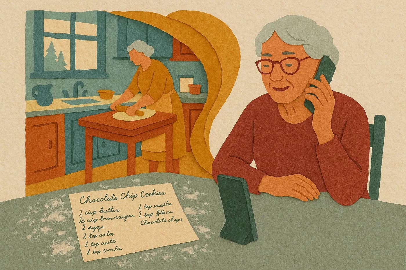 A grandmother's handwritten recipe card on a floured worktop, a phone propped beside it, a remembered kitchen unfolding in layered paper behind