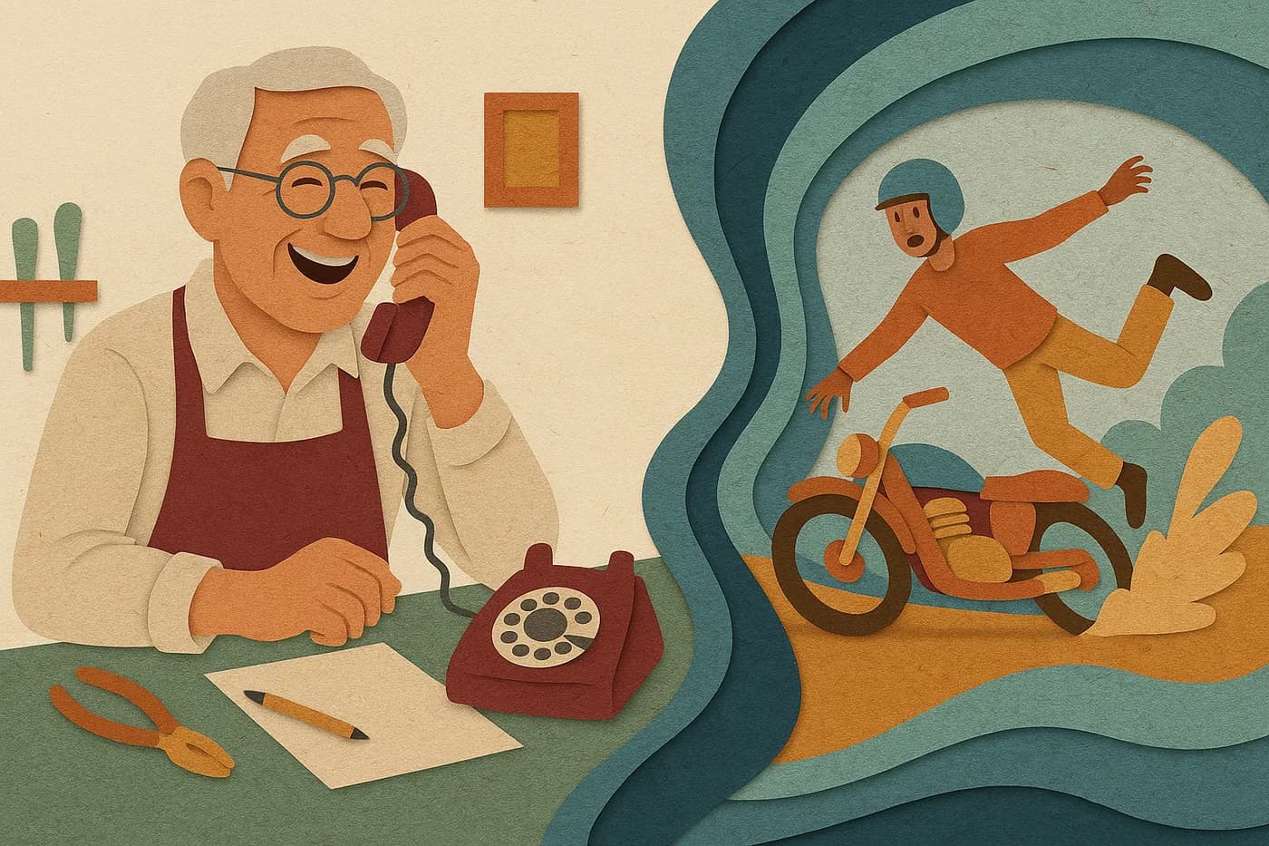 A grandfather on the phone at his workbench, mid-laugh, a memory of a teenage motorcycle mishap unfolding in layered paper beside him