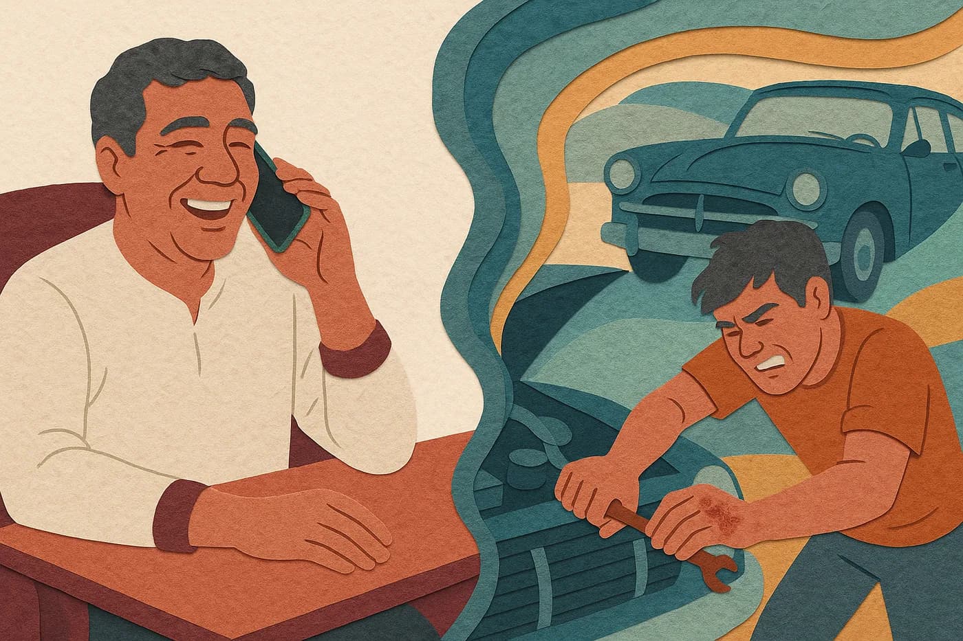 A father on the phone in his recliner, laughing mid-sentence, a memory of a scraped-knuckle first car repair unfolding in layered paper beside him