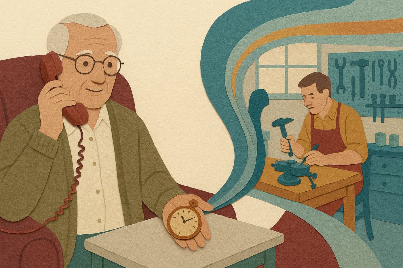 A grandfather on the phone in his armchair, a pocket watch resting in his free hand, a workshop from decades ago unfolding in layered paper beside him