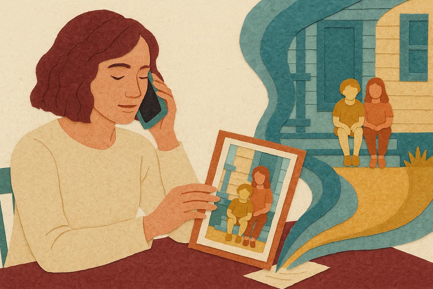 A daughter at her kitchen table on the phone, holding a faded photo of two children on a porch, her mother's memory of that porch and the children's names unfolding in layered paper beside her