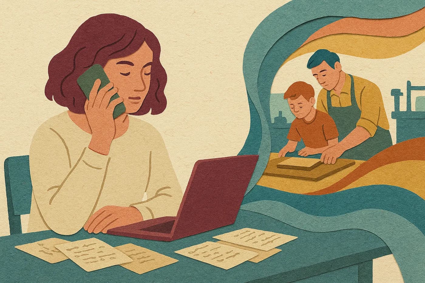 A daughter at her desk with her father's old letters spread beside her laptop, a workshop morning from his apprenticeship unfolding in layered paper beside her
