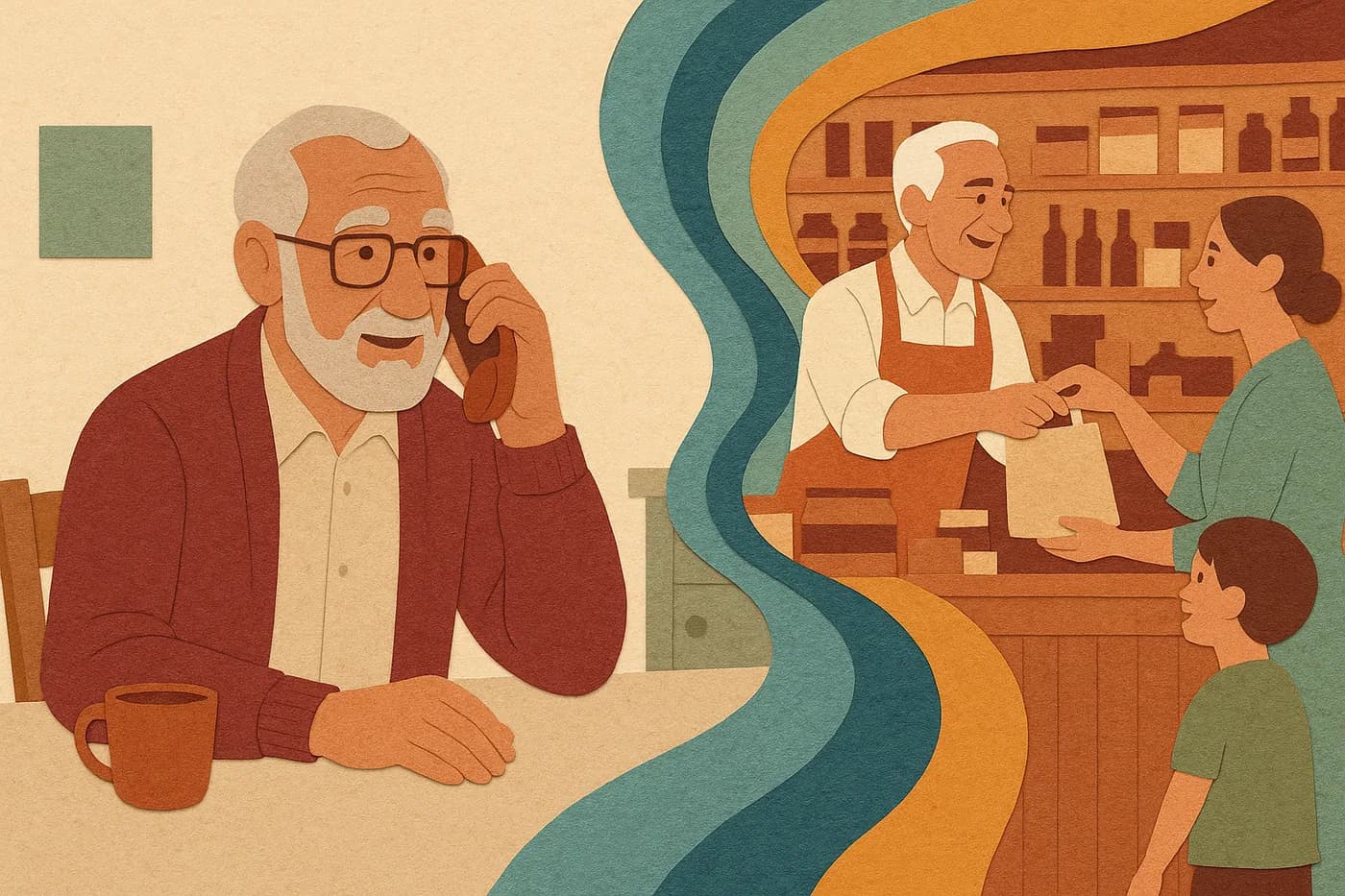 A grandfather at his kitchen table, phone to his ear mid-story, a memory of running his corner shop for forty years unfolding in layered paper beside him
