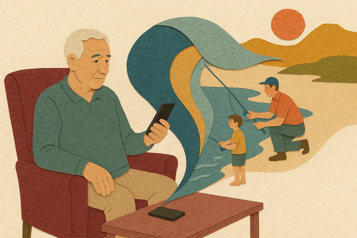 An older man in an armchair with the phone in hand, a memory of his father teaching him to fish unfolding in layered paper beside him