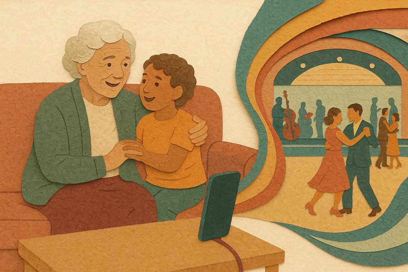 A grandchild and grandmother on a sofa with a phone recording between them, a remembered dance hall unfolding in layered paper behind