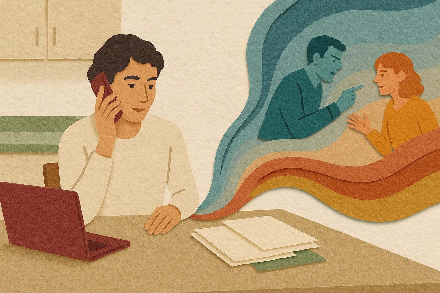 A person on the phone at a kitchen table, a closed laptop and a stack of blank notebook pages pushed aside, an unresolved argument from decades ago unfolding in layered paper beside them