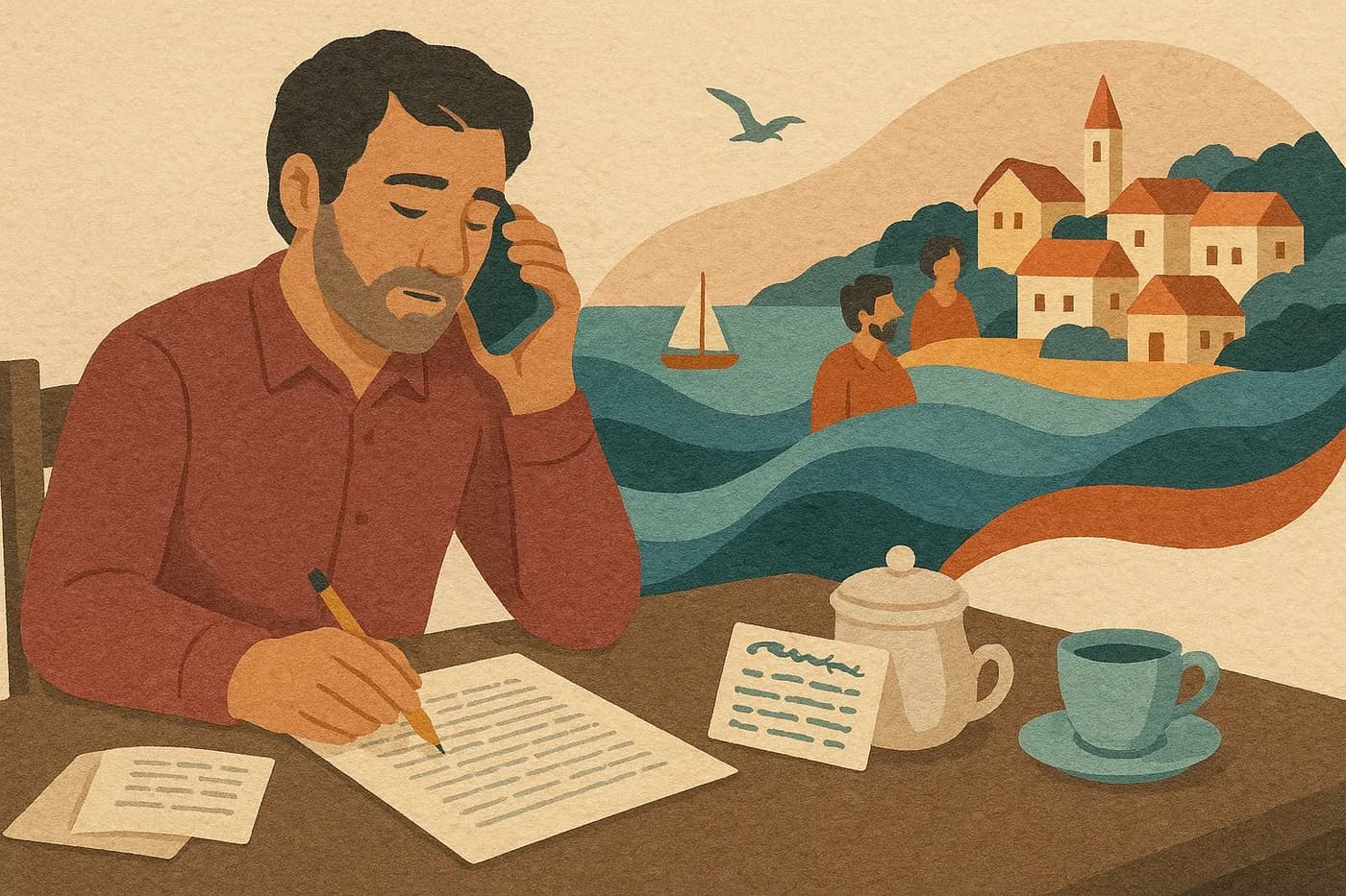 A man at a dining table with a printed manuscript and a pencil, his mother's handwritten recipe card propped against the sugar bowl, the harbour town where his parents met unfolding in layered paper beside him