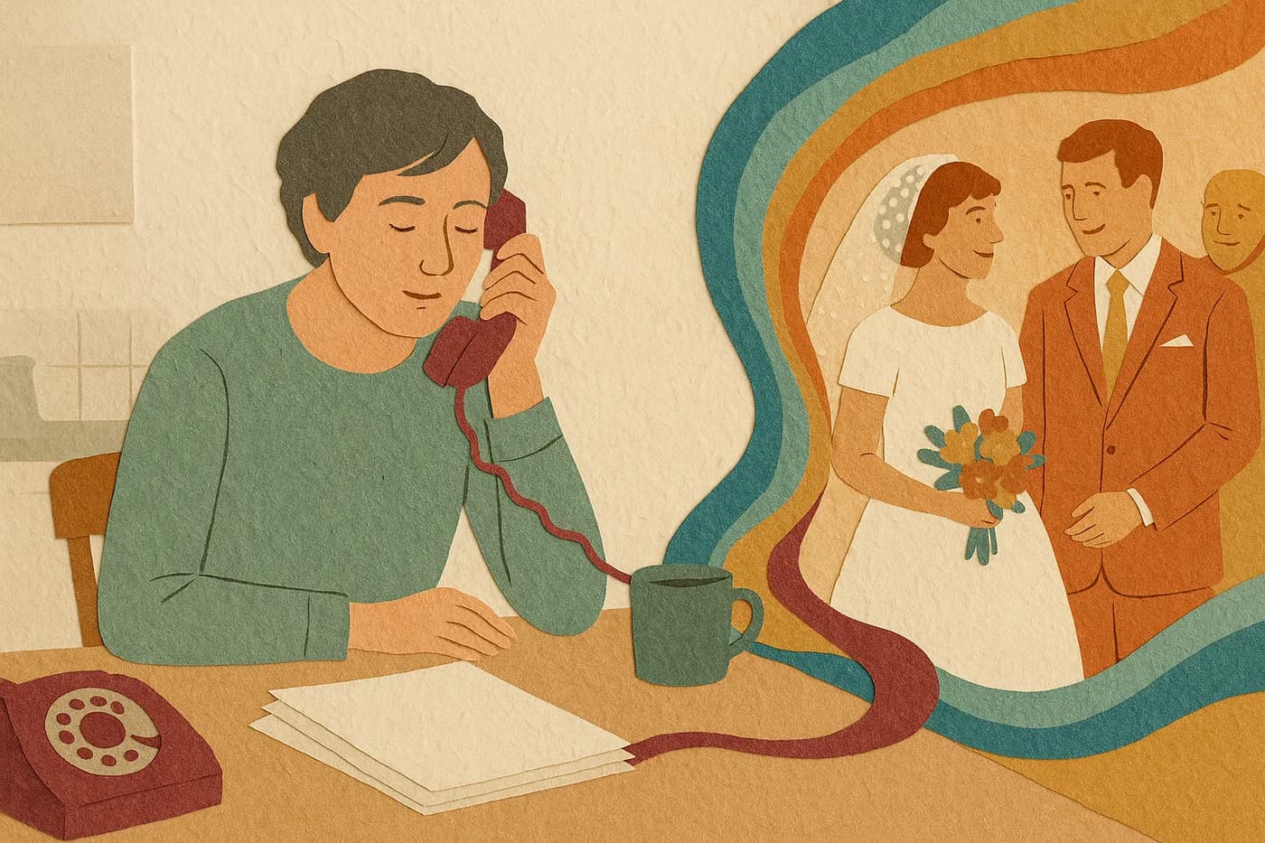 A person on the phone at a kitchen table, a stranger's draft manuscript pushed aside unread, a decades-old wedding morning unfolding in layered paper beside them
