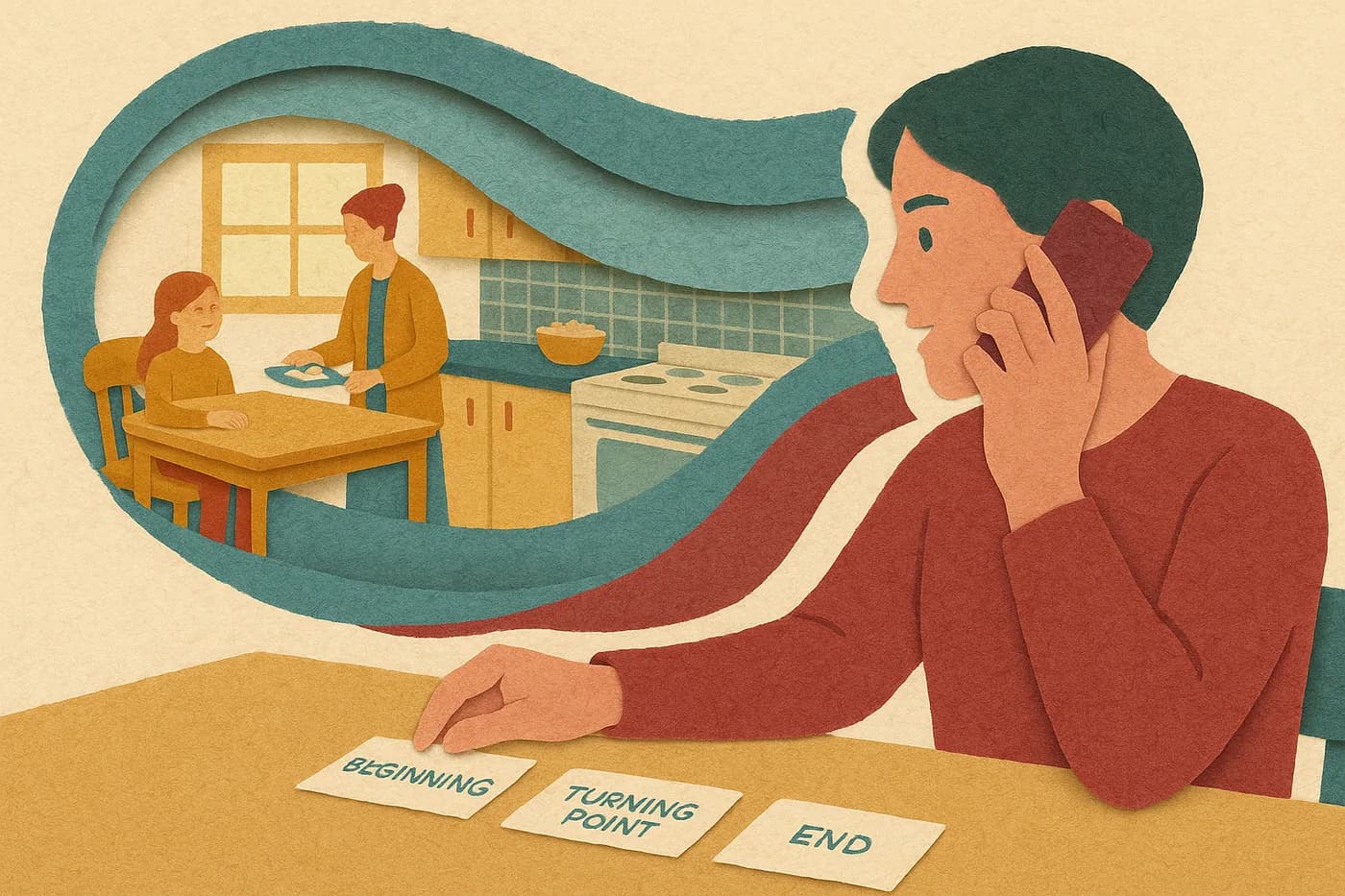 A person at a desk arranging three index cards in a row - beginning, turning point, end - a specific childhood kitchen unfolding in layered paper behind them