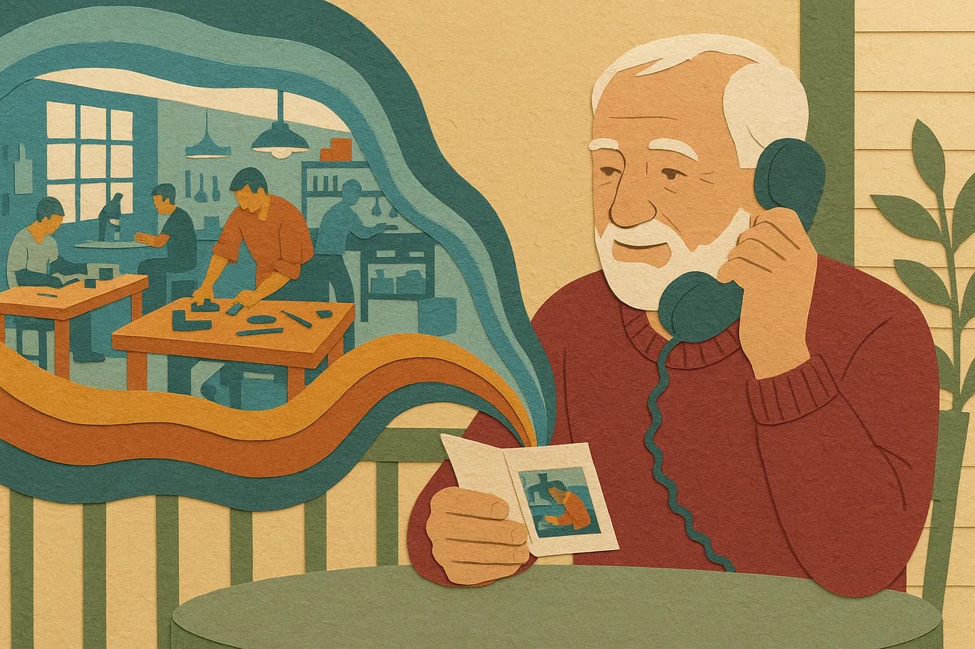 A grandfather at a porch table holding a folded photograph of a workshop, an ordinary weekday shift unfolding in layered paper beside him