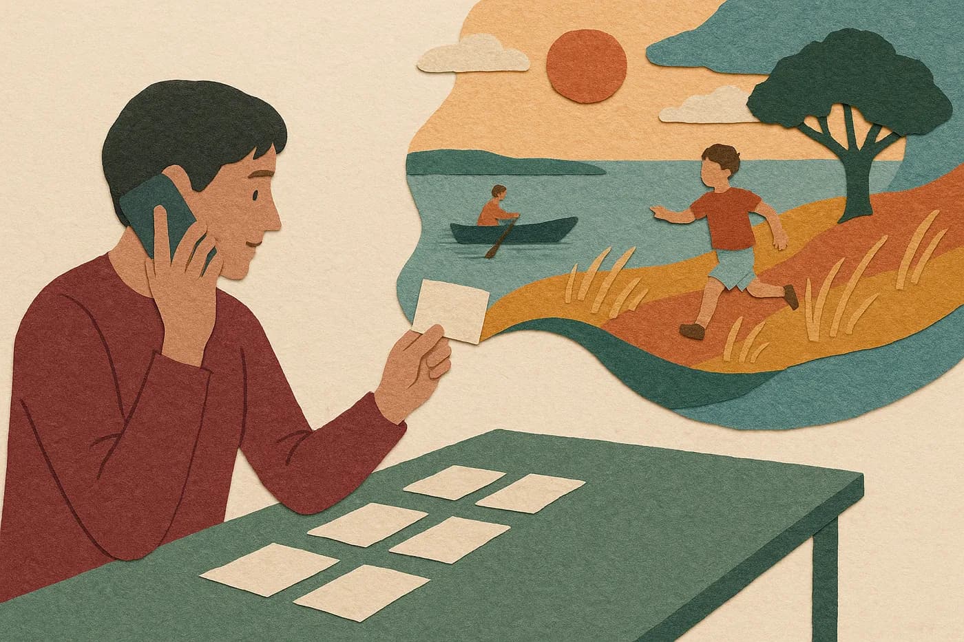 A writer at a table with index cards laid out in rows, one card lifted toward the light, a single childhood summer unfolding in layered paper above the rows