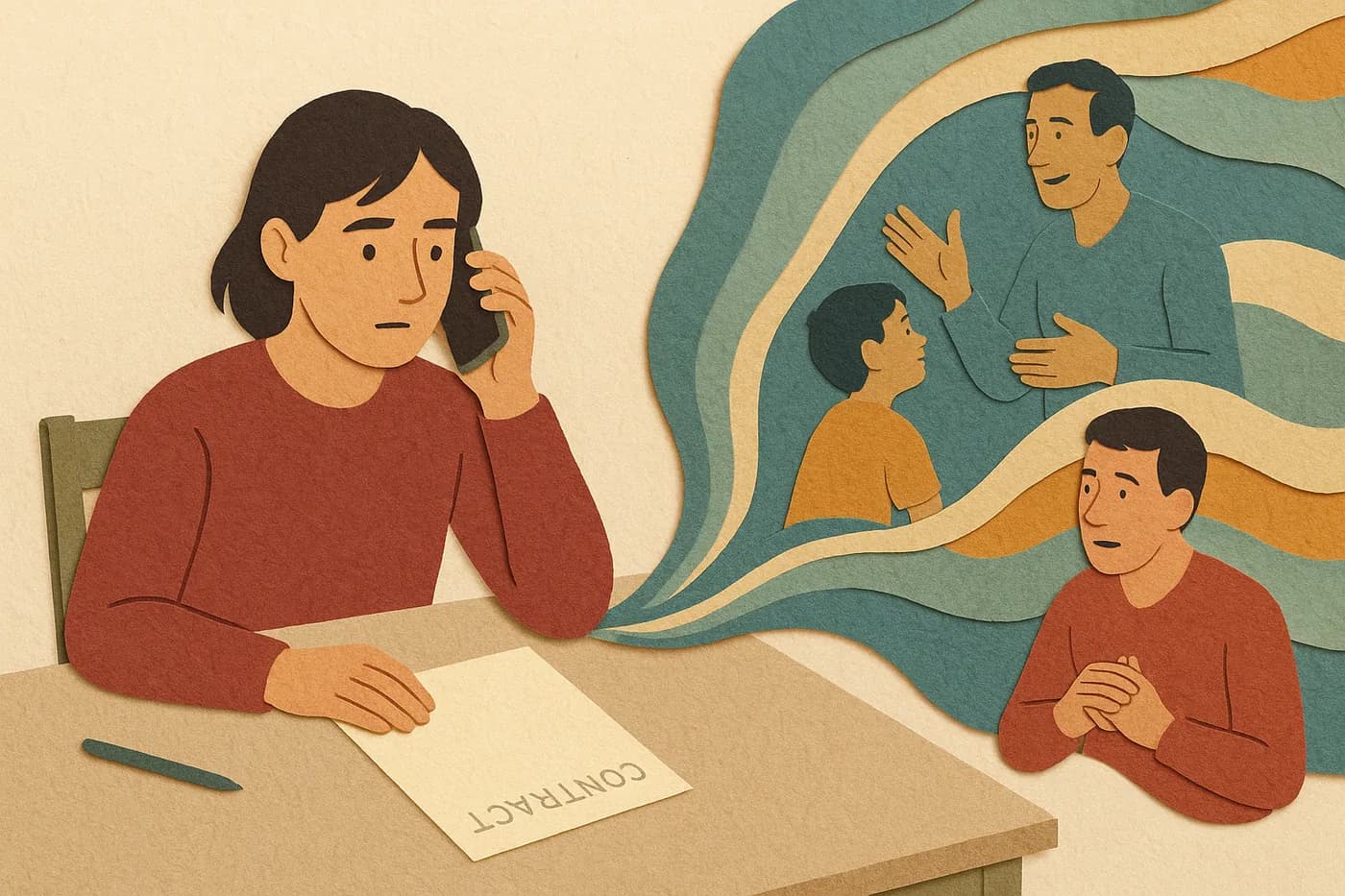 A person at a kitchen table with the phone to their ear and a blank contract pushed aside, a memory of a father telling the same story two different ways unfolding in layered paper beside them