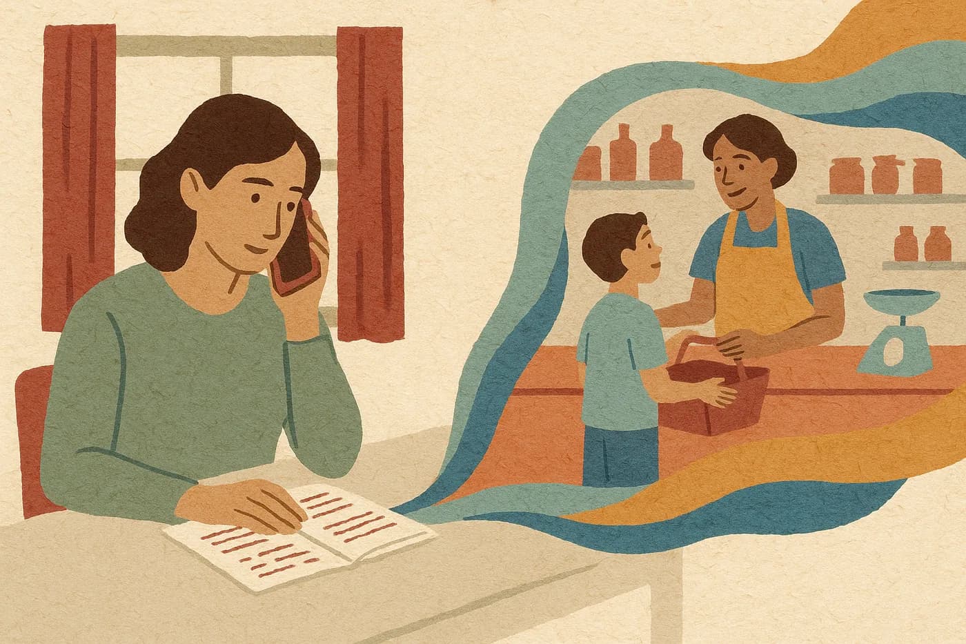 A woman at a desk by a window, phone to her ear and a marked-up chapter under her hand, the summer she ran her father's shop unfolding in layered paper beside her