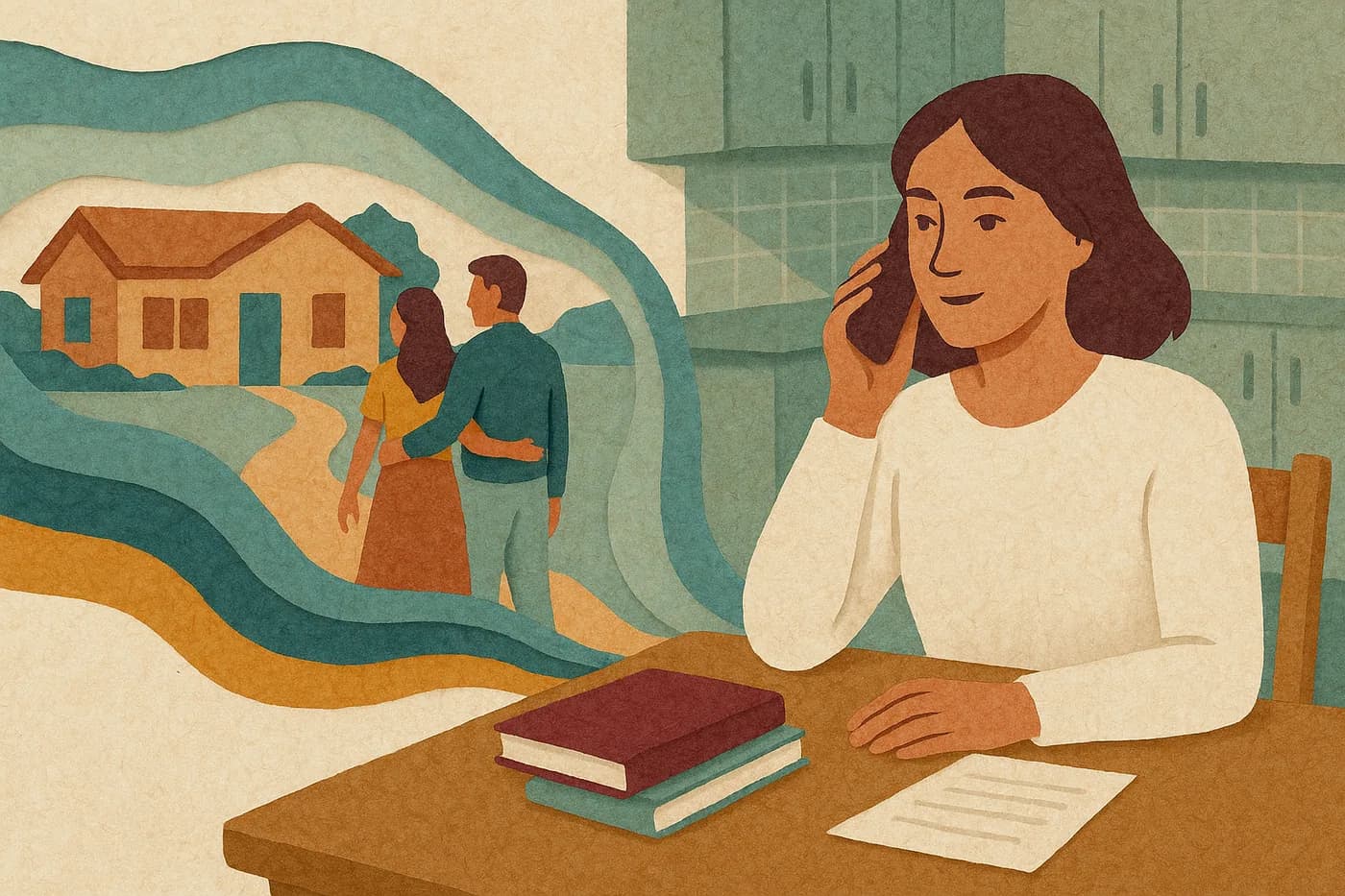 A person on the phone at a kitchen table, a closed prompt book and an unread transcript page pushed to the side, a decades-old memory of choosing a first home unfolding in layered paper beside them