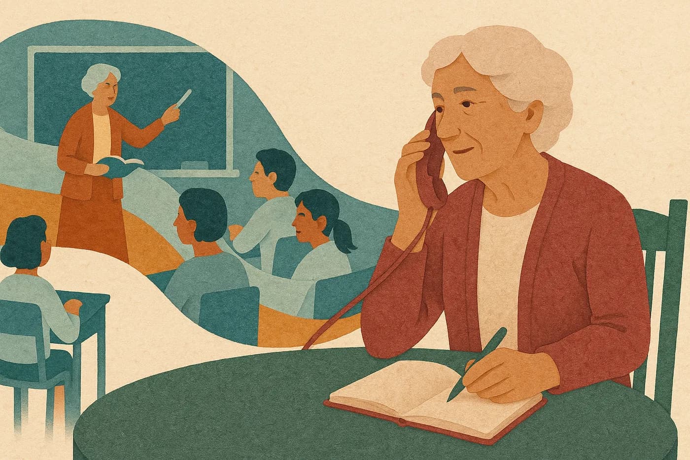 A retired teacher at her dining table, phone to her ear, a notebook and pen within reach, a memory of the classroom she used to run unfolding in layered paper beside her