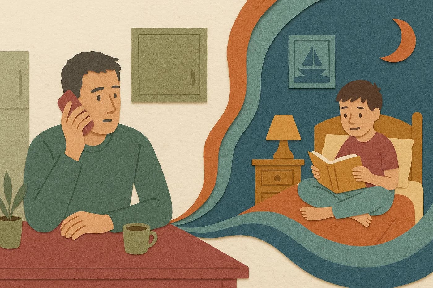 A father at the kitchen table, phone to his ear, a memory of his childhood bedroom unfolding in a wave of colored paper beside him