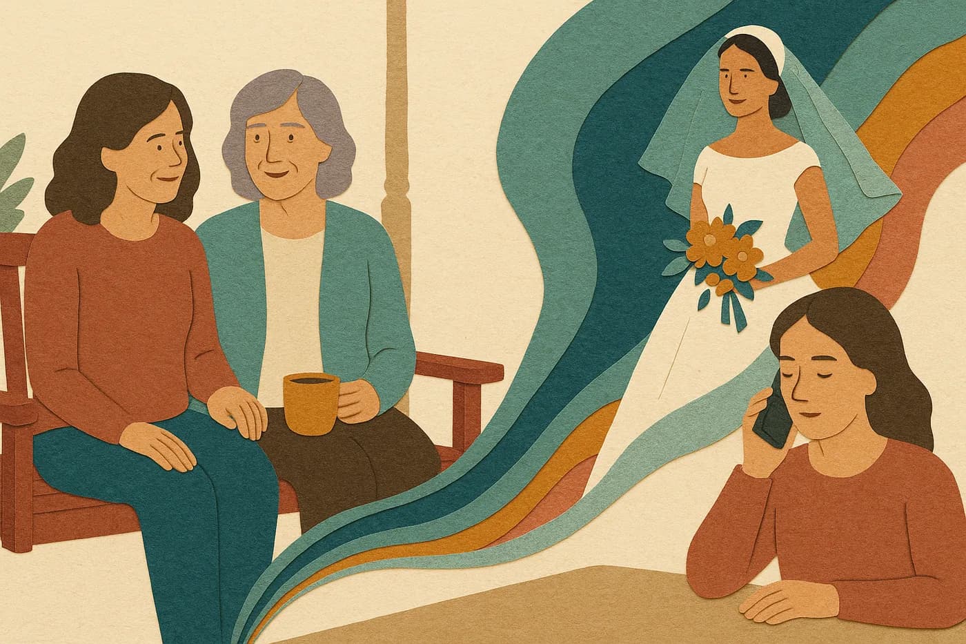 A daughter sitting beside her mother on a porch swing, a cup of tea between them, a memory of her mother as a young bride unfolding in layered paper beside them