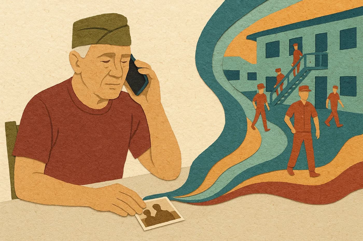 A veteran at the kitchen table, phone in hand, a folded photograph resting nearby, a young unit's barracks morning unfolding in layered paper beside them