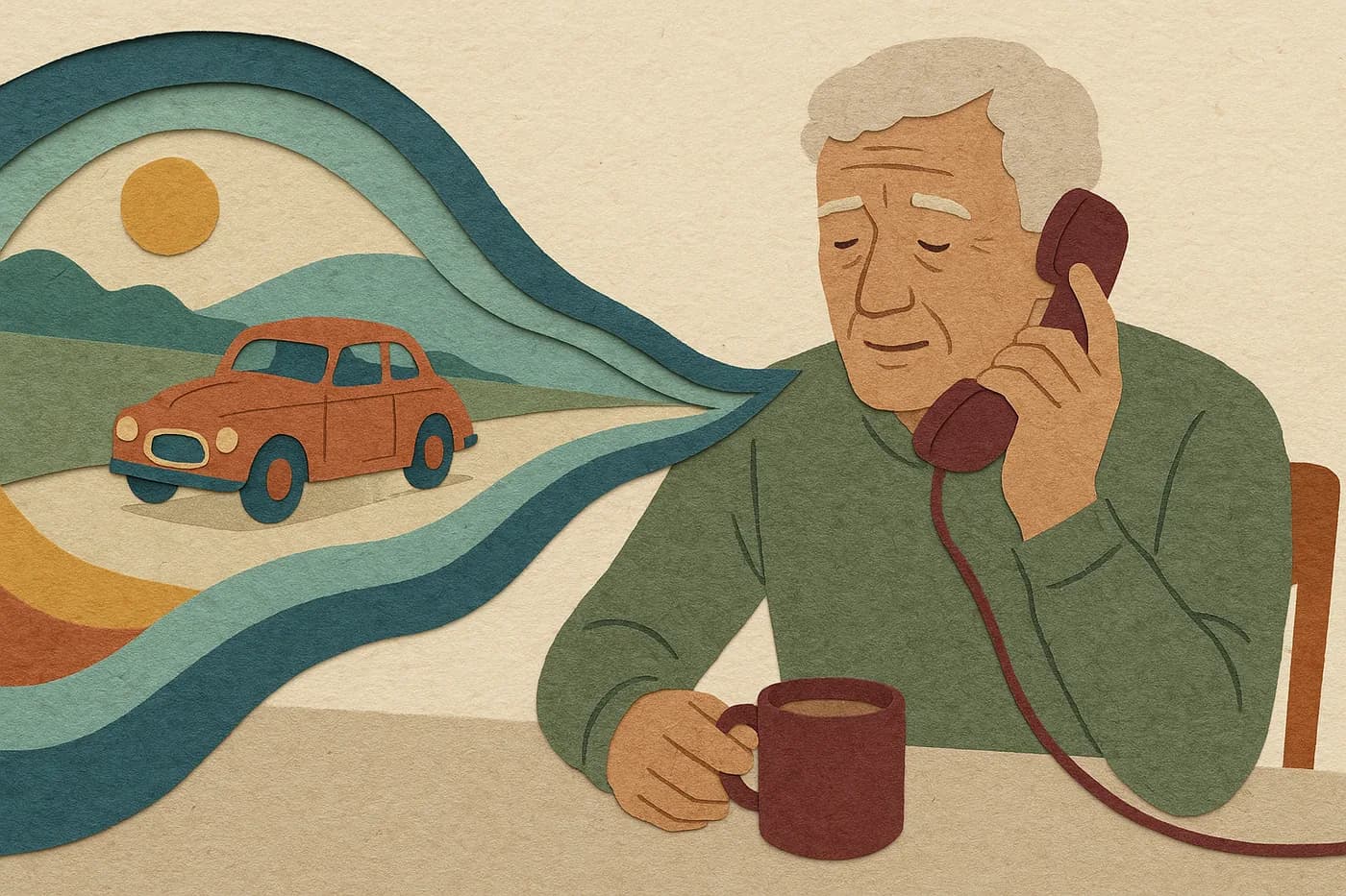 An aging father on the phone at his kitchen table, a mug of coffee within reach, the memory of the first car he ever drove unfolding in layered paper beside him