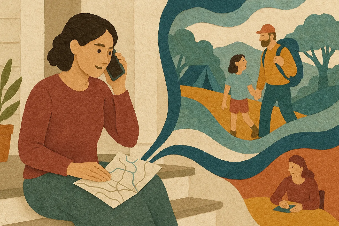 A daughter on her porch steps, phone to her ear and a folded trail map across her knees, a memory of camping with her father as a girl unfolding in layered paper beside her