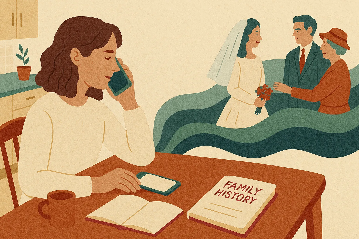 A daughter at her kitchen table with a family history book template open beside her phone, her grandmother's wedding morning unfolding in layered paper next to her