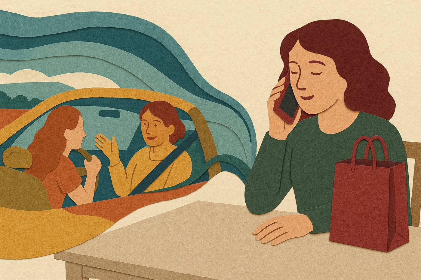 A daughter at her kitchen table, phone to her ear and an unopened gift bag set aside, a memory of her mother teaching her to drive unfolding in layered paper beside her