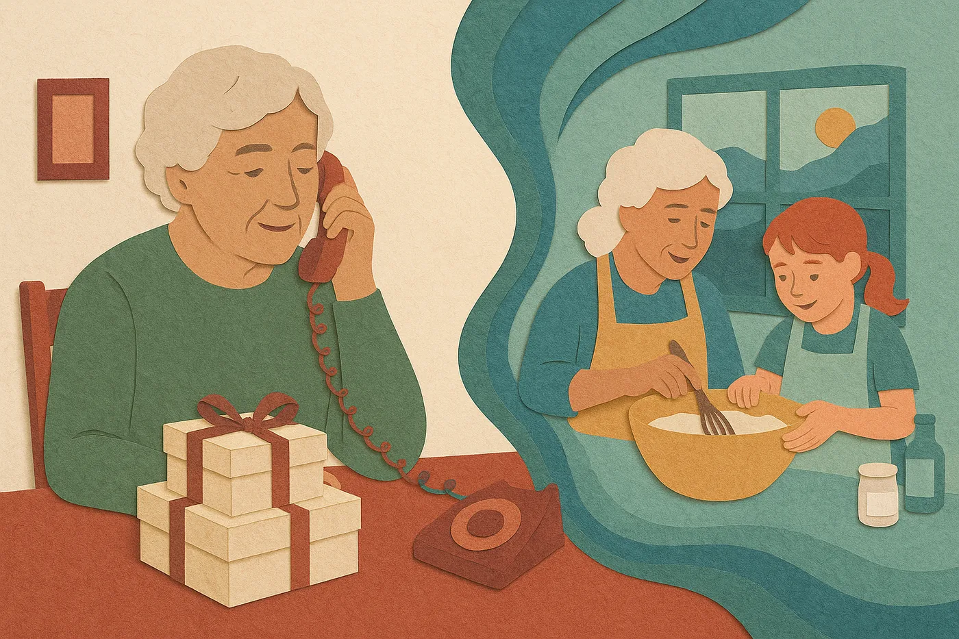A grandmother at her kitchen table, phone to her ear and a stack of unopened birthday gifts pushed aside, a memory of teaching her granddaughter to bake unfolding in layered paper beside her