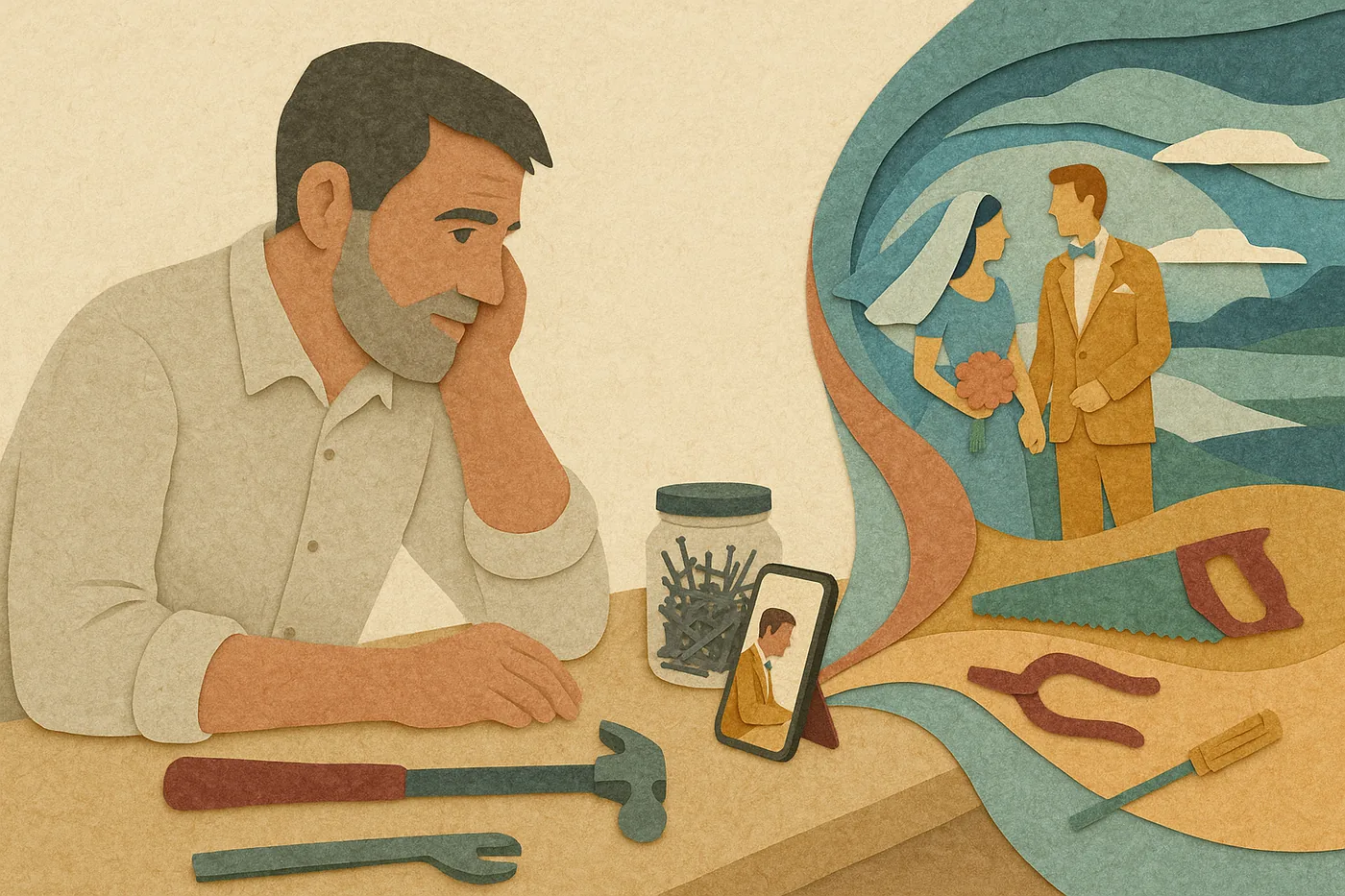 A father at his workbench, the phone propped against a jar of nails, a wedding day from decades ago unfolding in layered paper tools and light beside him