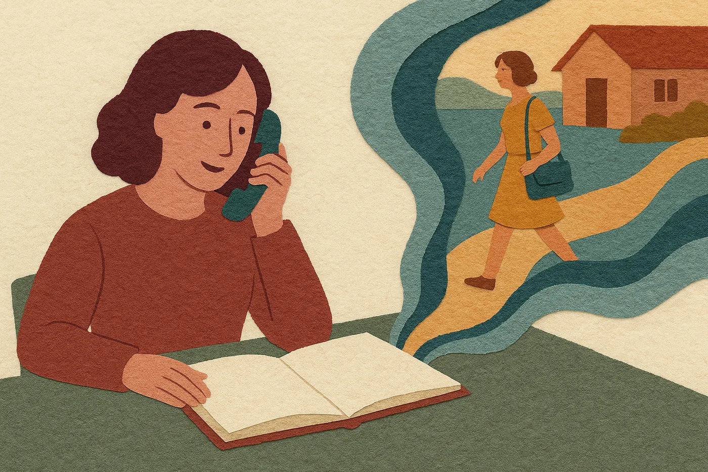 A daughter comparing memory-book options with her mother over the phone, a blank prompt page open on the table, an ordinary Tuesday from her mother's twenties unfolding in layered paper beside her