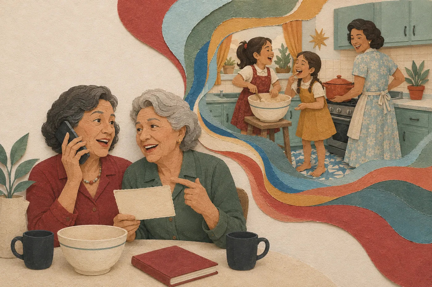 Two sisters at a kitchen table, one on the phone, a memory of cooking with children unfolding in colored paper beside them.