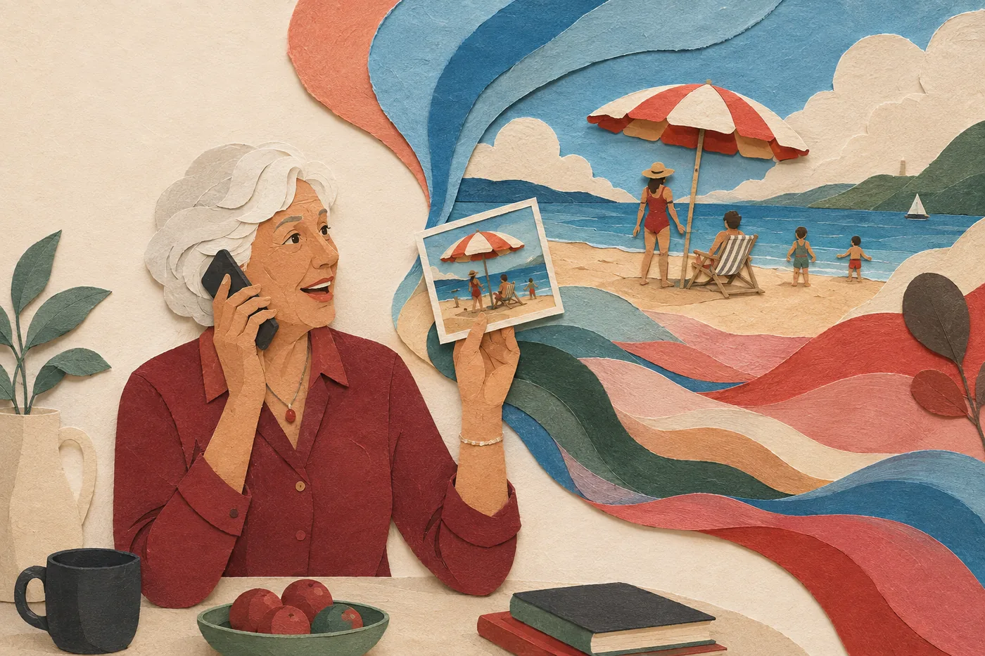 A woman on the phone holding a photograph, a remembered beach day unfolding in colored paper beside her.